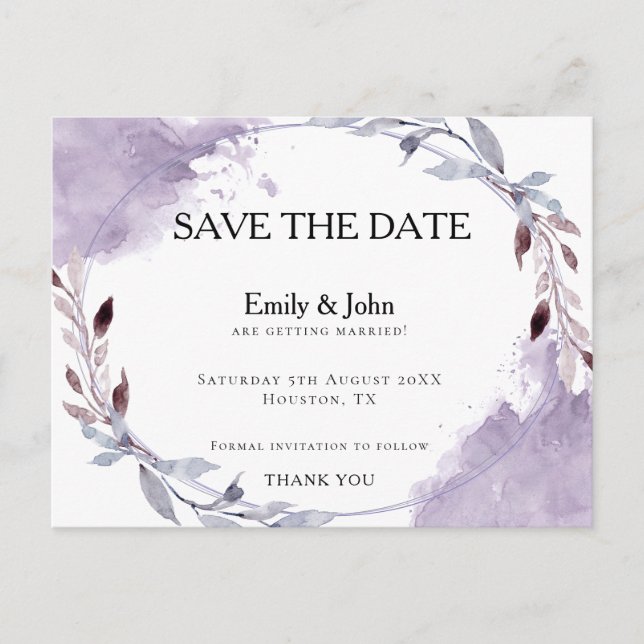 Carte Postale Dreamy Purple Aquarelle Feuilles/Enregistrer La Da (Devant)