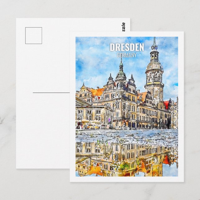 Carte Postale Dresde Allemagne Travel Place Aquarelle (Devant / Derrière)