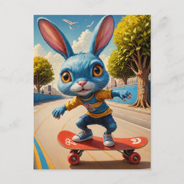 Carte Postale Drôle adorable Skateboard Cute Rabbit (Devant)