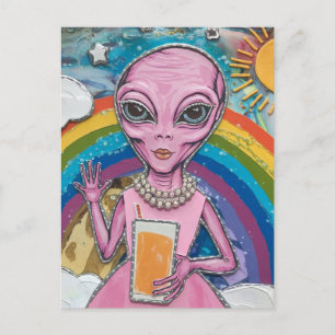 Carte Postale Drôle Alien dame en rose avec Jus d'orange arc-en-