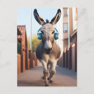 Carte Postale Drôle âne écoute de la musique sur un jog