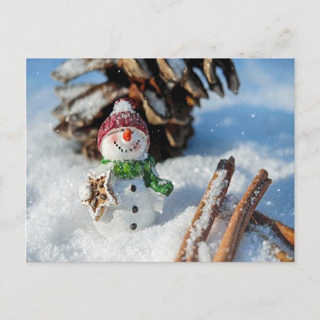Carte Postale Drôle bonhomme de neige manger des friandises (Devant)