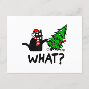 Carte Postale Drôle cadeau de chat noir Poussant l'arbre de Noël
