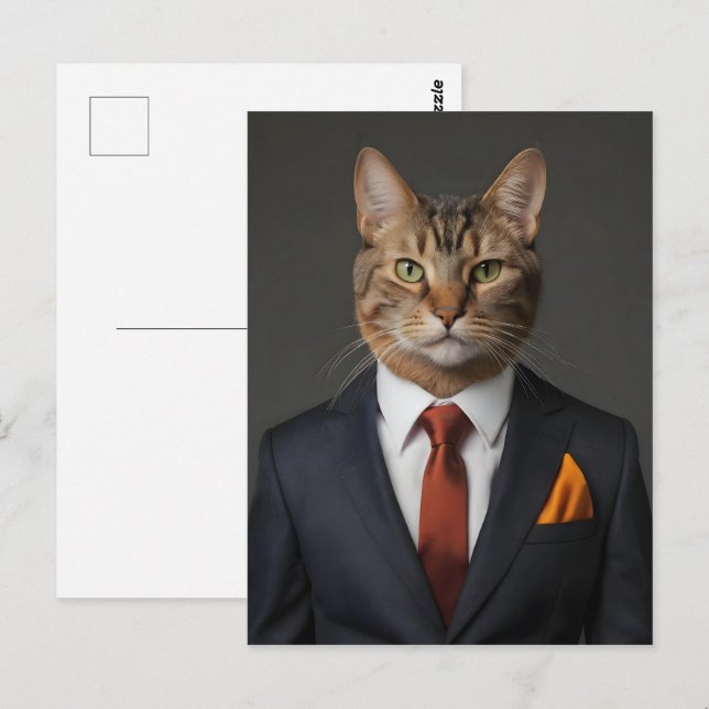 Carte Postale Drôle chat en costume (Devant / Derrière)