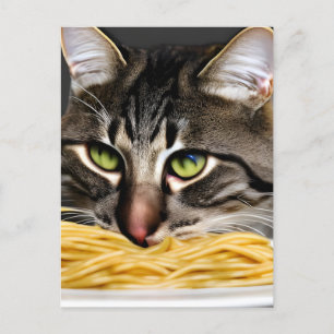 Carte Postale Drôle chat mangeant Spaghetti
