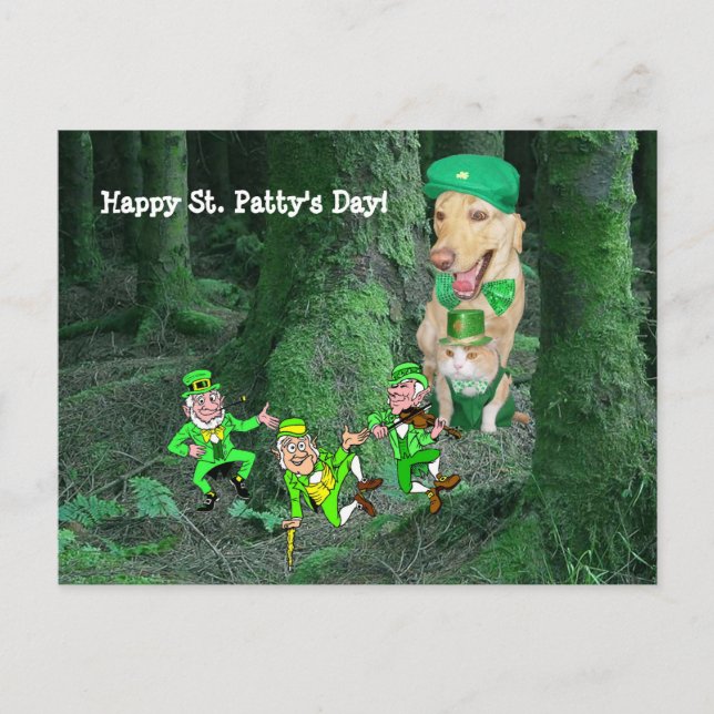 Carte Postale Drôle Chien & Chat St. Patrick's Day (Devant)