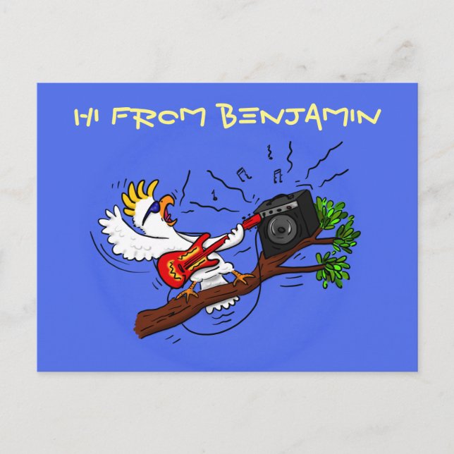 Carte Postale Drôle cockatoo jouant de la guitare rock dessin an (Devant)