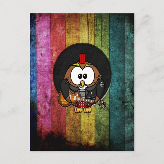 Carte Postale Drôle cool rock&roll hibou avec perceuses jouant (Devant)