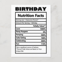 Carte postale drôle d'anniversaire avec faits nutr