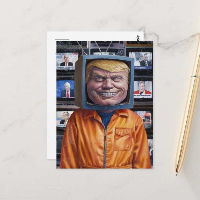 Carte Postale Drôle de Trump coincé dans une TV (Devant/Arrière en situation)