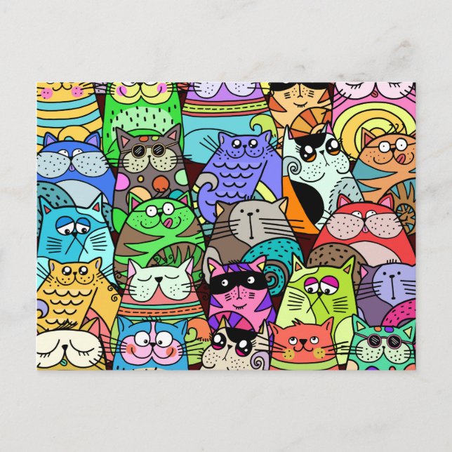 Carte Postale Drôle Doodle Rue Fondé Bande de chat (Devant)
