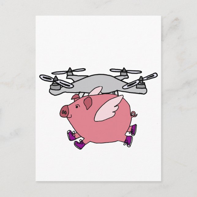 Carte Postale Drôle drone de cochon volant Dessin (Devant)