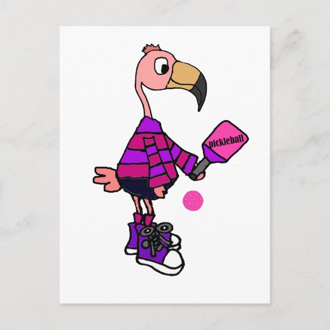 Carte Postale Drôle Flamant rose rose Jouer Pickleball Cartoon (Devant)