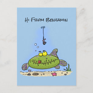 Carte Postale Drôle gras affamé poisson vert dessin de pêche