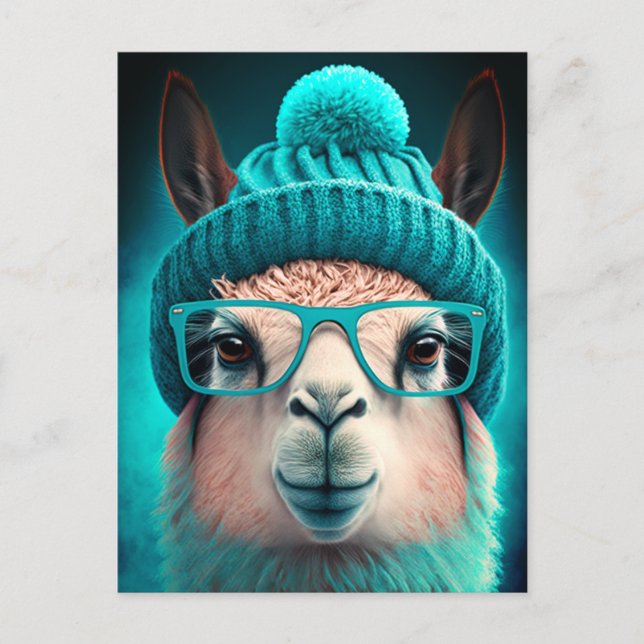 Carte Postale Drôle Llama Alpaca mignonne Animaux Lunettes Casqu (Devant)