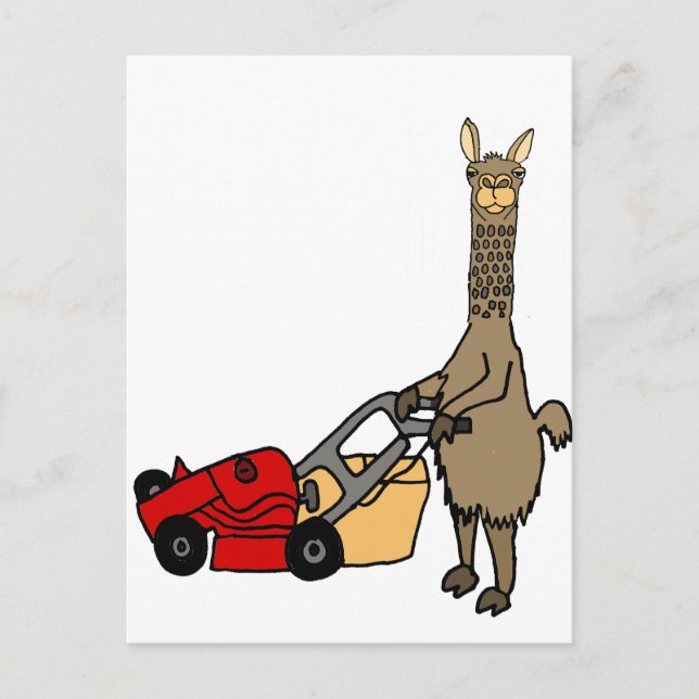 Carte Postale Drôle Llama Poussant tondeuse De Pelouse Carton (Devant)