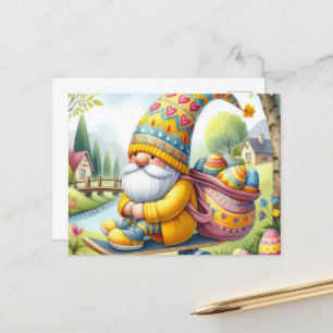 Carte Postale Drôle mignon Gnome de Pâques avec oeufs de Pâques