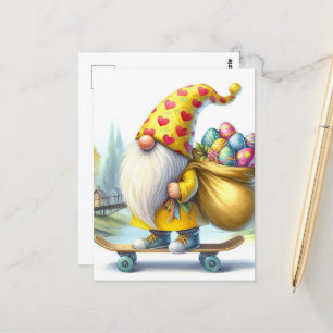 Carte Postale Drôle mignon Gnome de Pâques avec oeufs de Pâques