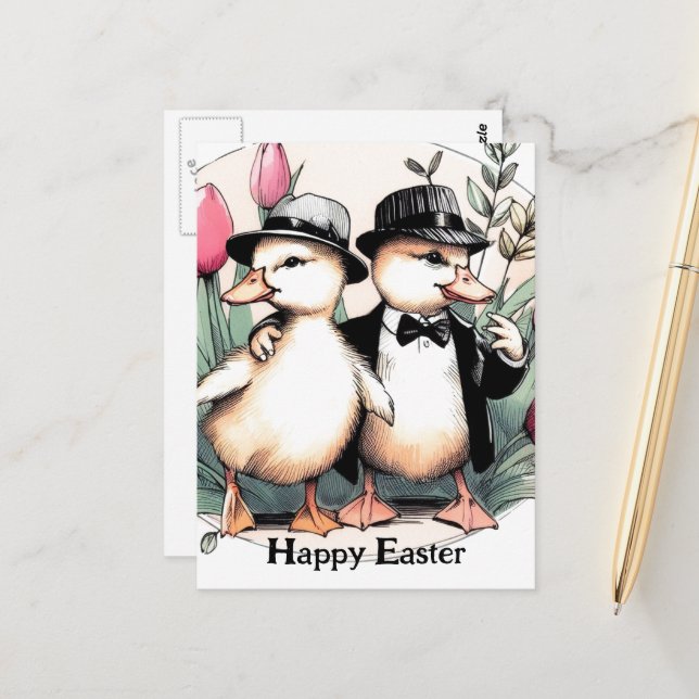 Carte Postale Drôle mignon Vintage Canettes de Pâques en costume (Devant/Arrière en situation)