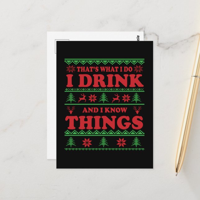 Carte Postale Drôle moche chandail de Noël dit whiskey (Devant/Arrière en situation)
