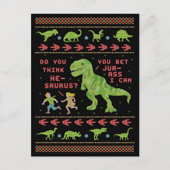 Carte Postale Drôle Noël T Rex Dinosaur Pun Humour Faux Knit (Devant)