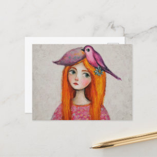 Carte Postale Drôle oiseau rose dans ses cheveux