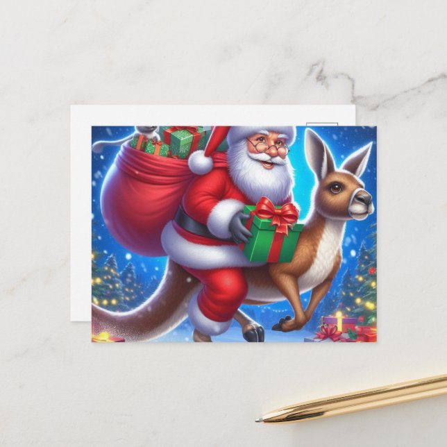 Carte Postale Drôle Père Noël et Kangaroo (Devant/Arrière en situation)