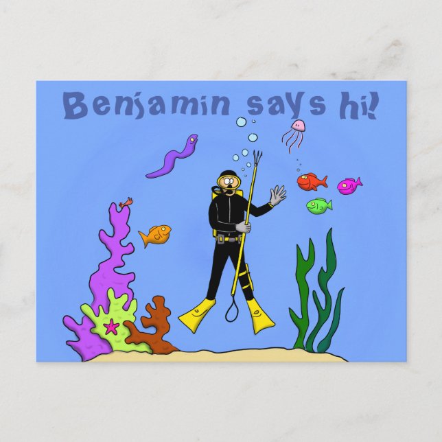 Carte Postale Drôle plongeur et poisson mer créatures dessin ani (Devant)