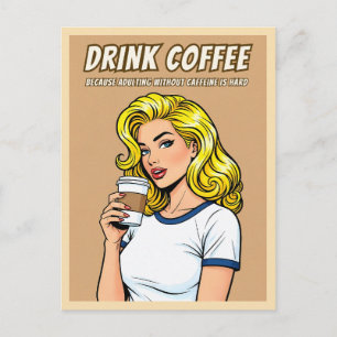 Carte Postale Drôle Rétro Vintage Café Caféine Humour Pop Art