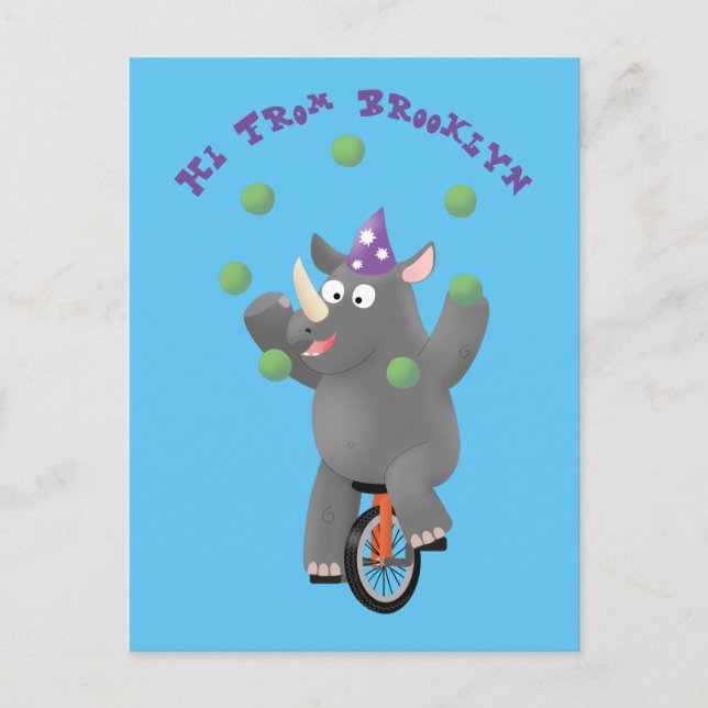 Carte Postale Drôle rhinocéros mignon jonglant sur monocycle (Devant)