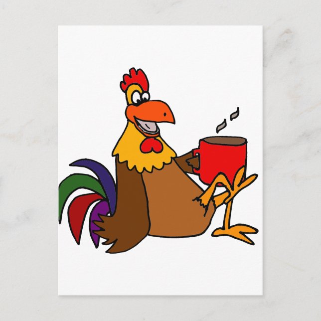 Carte Postale Drôle Rooster d'Oiseau Début Boire Café (Devant)