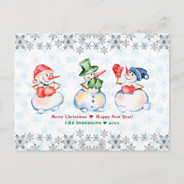 Carte Postale Drôle Snowmen Joyeux Cristaux de Noël Snowflakes (Devant)