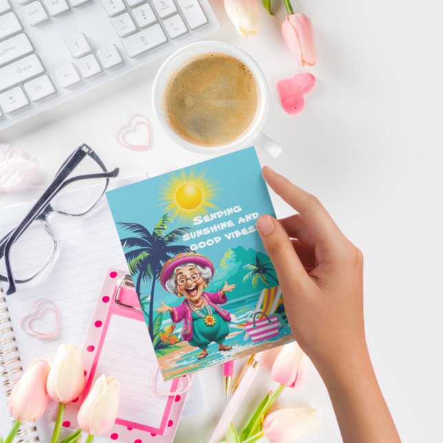 Carte Postale Drôle Vielle Dame Envoi Soleil Et Good Vibes (Créateur téléchargé)