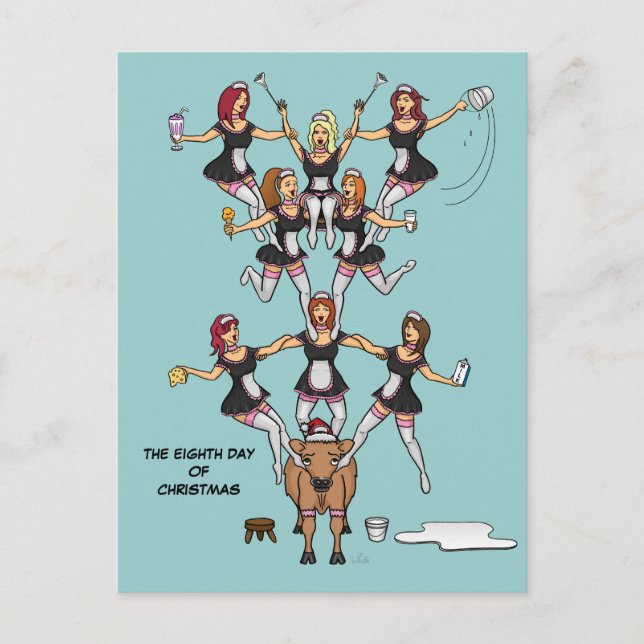 Carte postale du 8e jour de Noël (8 Maids a-Milkin (Devant)