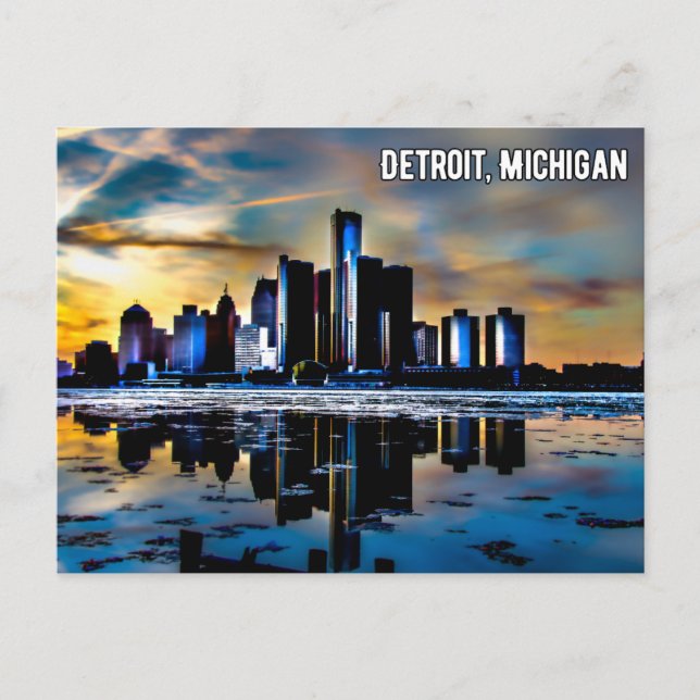 Carte postale du centre-ville de Detroit la nuit (Devant)