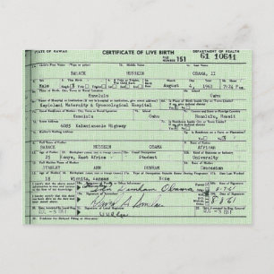Carte postale du certificat de naissance d'Obama