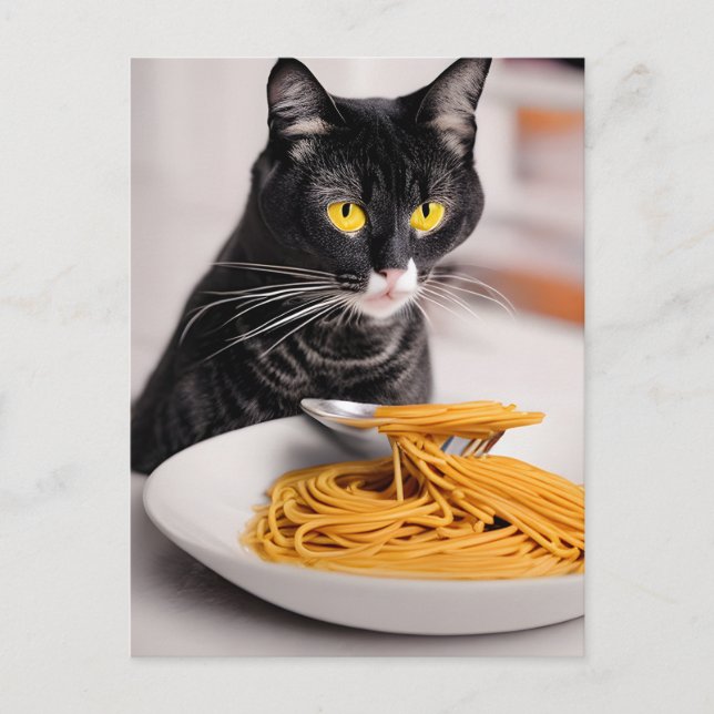 Carte postale du chat noir mangeant des spaghetti (Devant)