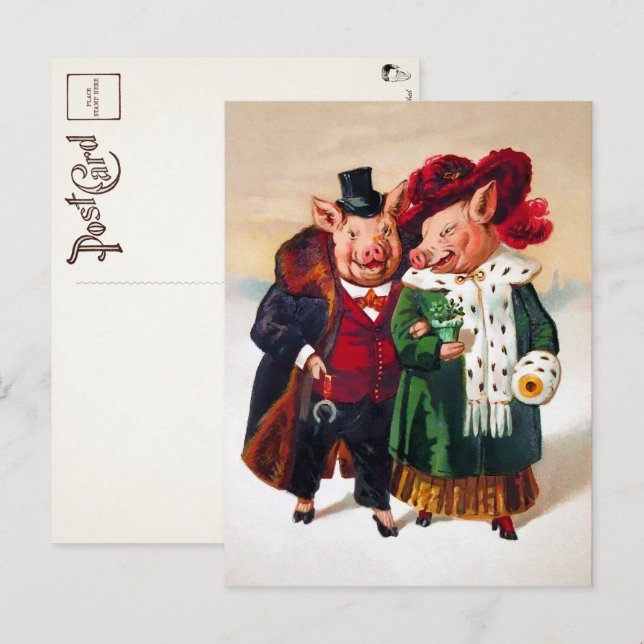 Carte postale du couple de porcs victorien (Devant / Derrière)