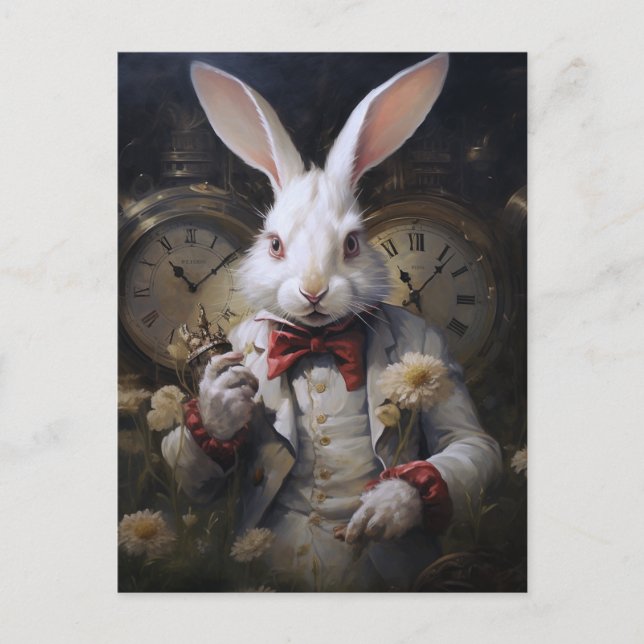 Carte postale du lapin blanc toujours en retard (Devant)
