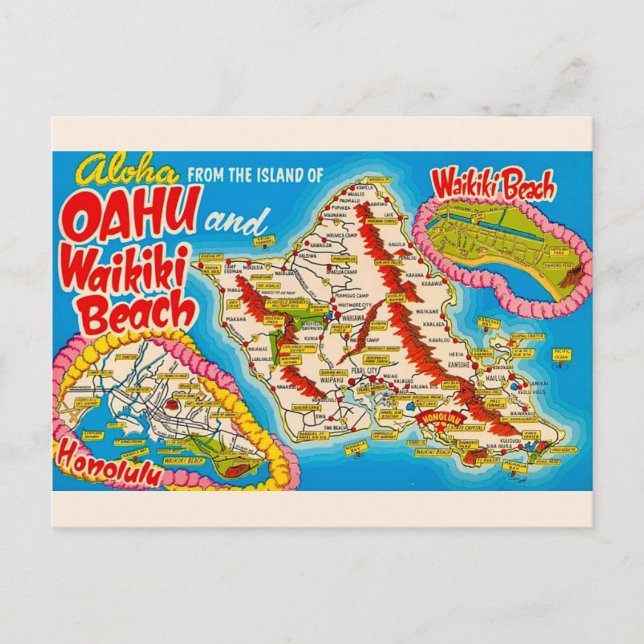 Carte postale du plan de la plage Wikiki d'Oahu (Devant)