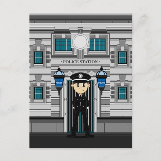 Carte postale du policier et du poste de police (Devant)