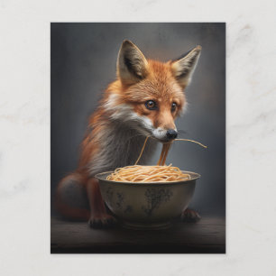 Carte postale du renard roux mangeant des spaghett