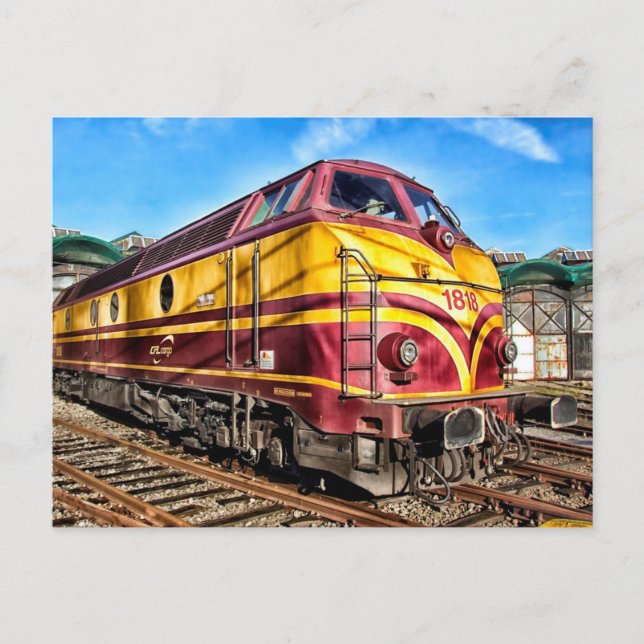 Carte postale du train Locomotive rouge et jaune (Devant)