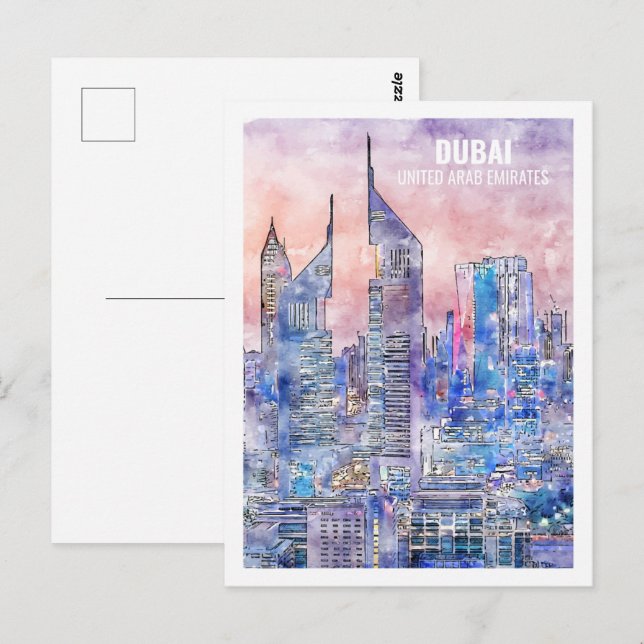 Carte Postale Dubaï EAU Fameux Travel Place Aquarelle (Devant / Derrière)