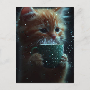 Carte postale d'un adorable chaton buvant du café