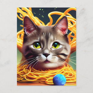 Carte postale d'un chat drôle mangeant des spaghet