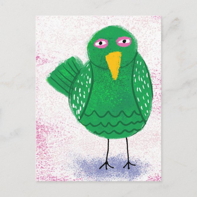 Carte postale d'un oiseau vert drôle (Devant)
