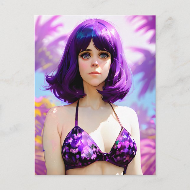Carte postale d'une femme aux cheveux violets et a (Devant)