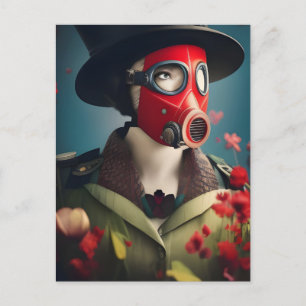 Carte postale d'une femme avec un masque à gaz rou