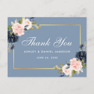 Carte Postale Dusty bleu rose Floral Mariage or Merci